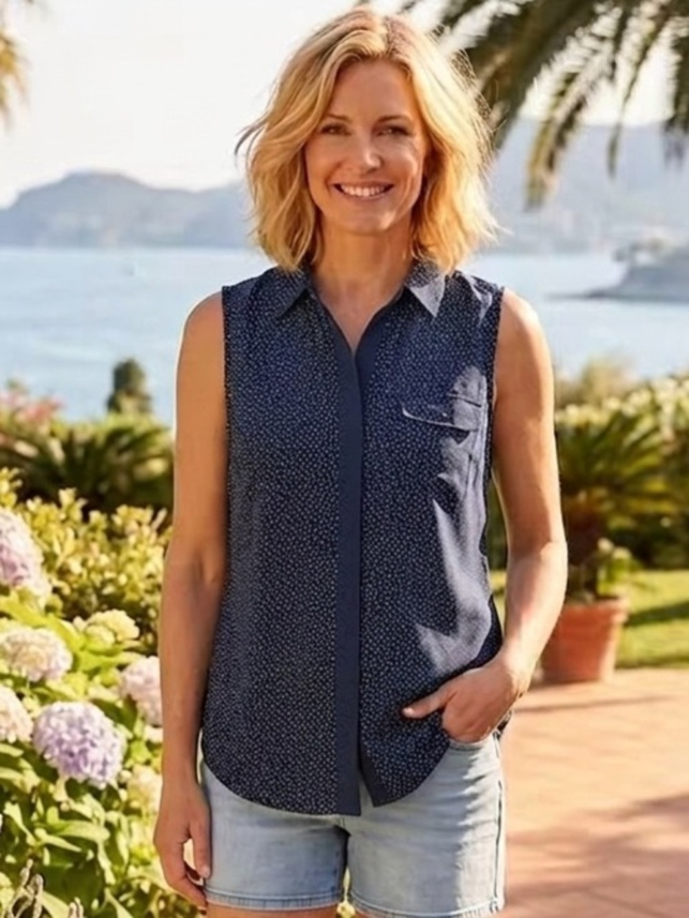 Spense Sleeveless Navy polkadot Shirt